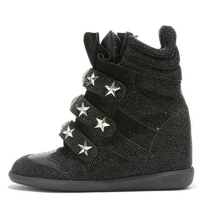 Women Rhinestone High Top Sneakers Hidden Wedge Heel Shoes Star Decor Hook & Loop Fashion Platform Ankle Boots