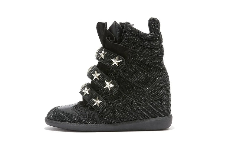 Women Rhinestone High Top Sneakers Hidden Wedge Heel Shoes Star Decor Hook & Loop Fashion Platform Ankle Boots