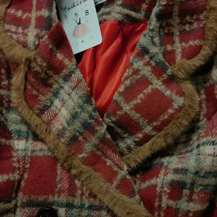 Women's Double Breasted Plaid Coat, Woolen Jacket , V-Neck, Loose Tops, Female Clothes, Sweet, New, Autumn, Winter