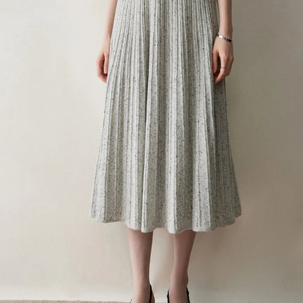 Chic Women's Cashmere Pleated A-line Skirt Autumn Winter 100% Cashmere Knitted Colorful Dots Decoration Elastic Waist Soft Dress PlatiNum