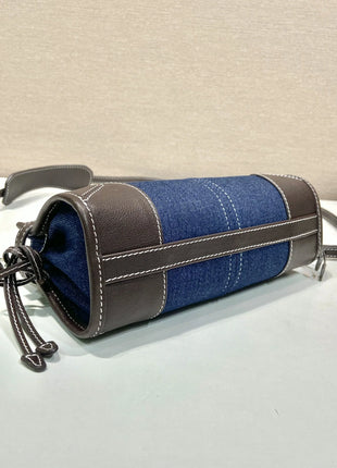 Borsa a secchiello mini in denim e pelle con coulisse, mini borsa a mano di lusso multiuso