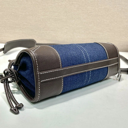 Borsa a secchiello mini in denim e pelle con coulisse, mini borsa a mano di lusso multiuso