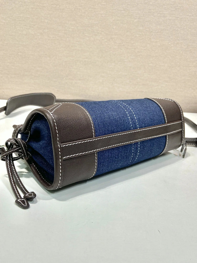 Borsa a secchiello mini in denim e pelle con coulisse, mini borsa a mano di lusso multiuso