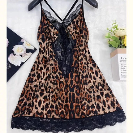 150 kg Plus Size Reggicalze Camicia da notte leopardata Estate Sottile scollo a V Pigiama scavato in pizzo Camicia da notte allentata Slip senza schienale Indumenti da notte