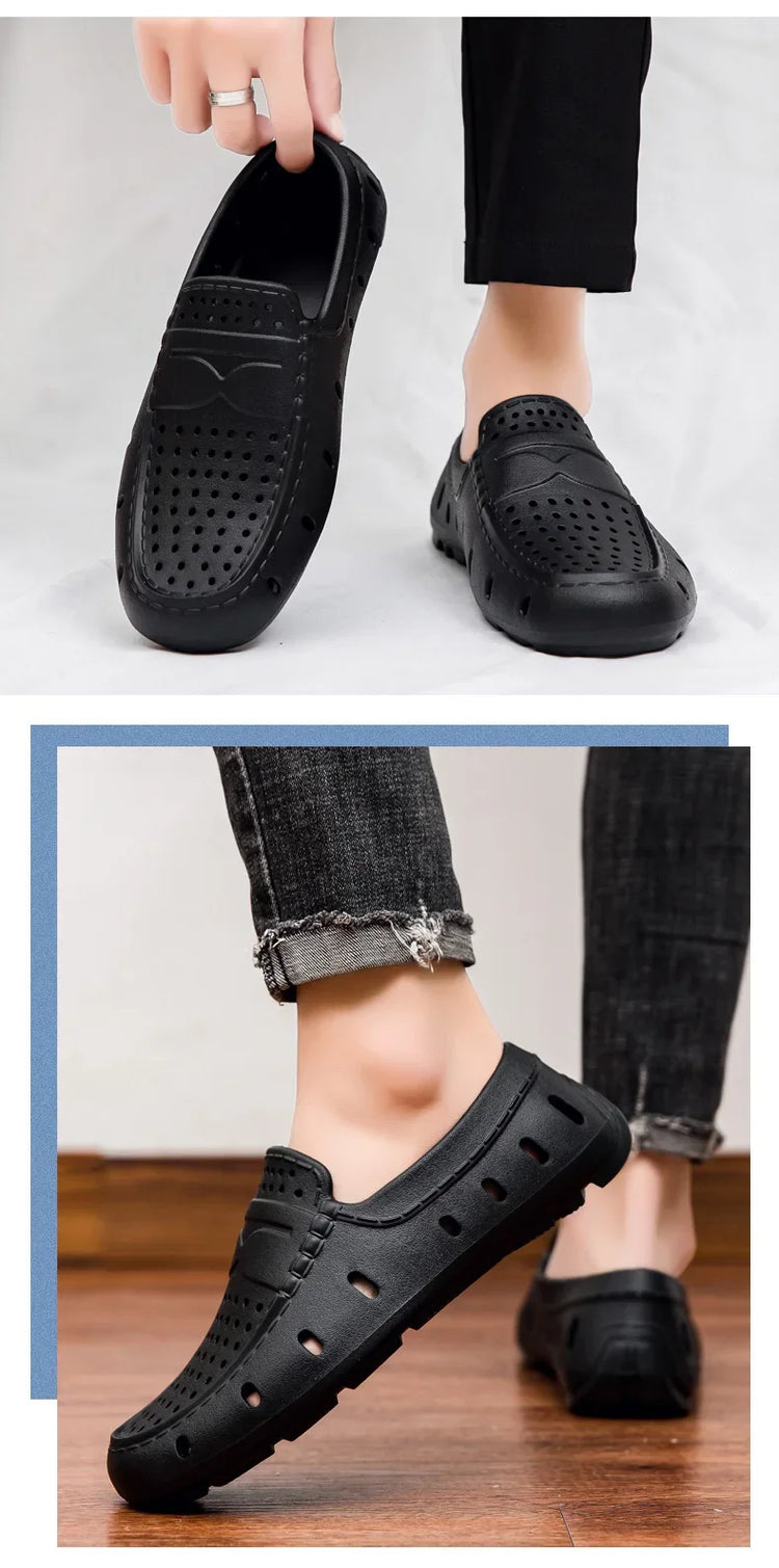 Mocassini Comodi da Uomo in Pelle, Scarpe Antiscivolo da Guida, Sandali Estivi, Zoccoli Casual con Punta Tonda, Scarpe da Lavoro Slip-on