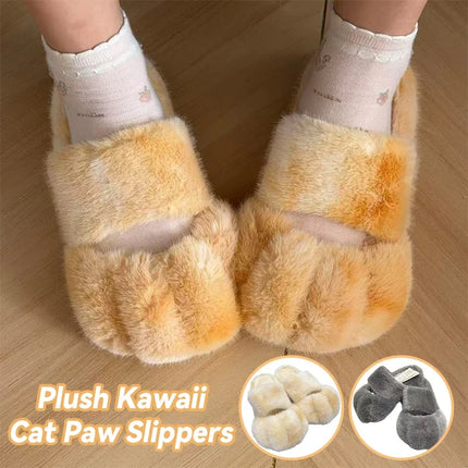 Women Kawaii Furry Cat Paw Slippers, Imitation Fur Fluffy Plush Warm Home Shoes, Comfort Flat Heel Cute Cat Slippers for Bedroom Indoor Daily Wear