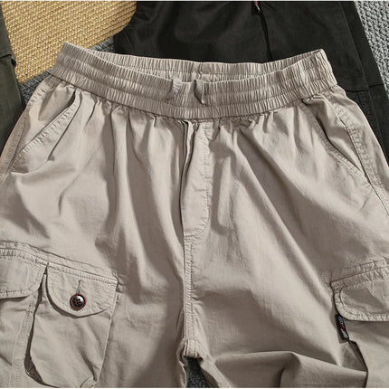 Men Elastic Drawstring Waist Jogger Cargo Pants Multi Button Pockets Vintage Washed Tapered Ankle Cuff Casual Street Trousers