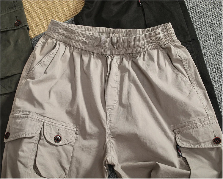 Men Elastic Drawstring Waist Jogger Cargo Pants Multi Button Pockets Vintage Washed Tapered Ankle Cuff Casual Street Trousers