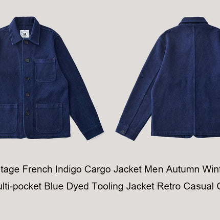 Vintage French Indigo Cargo Jacket Men Autumn Winter New Lapel Multi-pocket Blue Dyed Tooling Jacket Retro Casual Cardigan Coat