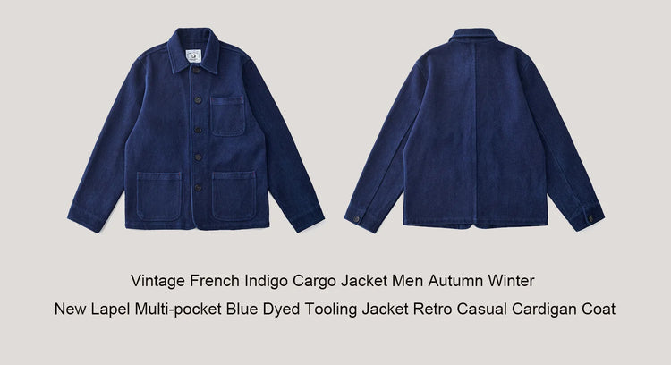 Vintage French Indigo Cargo Jacket Men Autumn Winter New Lapel Multi-pocket Blue Dyed Tooling Jacket Retro Casual Cardigan Coat