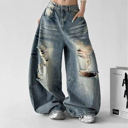 Jeans Larghi da Donna Stile High Street, Denim Distressed, Moda Primavera 2026, Nuovi Arrivi, Pantaloni Lunghi