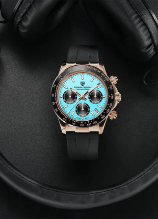 PAGANI DESIGN Cronografo da uomo Orologio da polso al quarzo di lusso in oro rosa 40mm Quadrante blu ghiaccio Vetro zaffiro 100M Impermeabile Cinturino in caucciù Orologio sportivo da uomo per uomo Reloj Hombre+GIFT BOX
