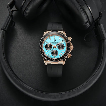 PAGANI DESIGN Cronografo da uomo Orologio da polso al quarzo di lusso in oro rosa 40mm Quadrante blu ghiaccio Vetro zaffiro 100M Impermeabile Cinturino in caucciù Orologio sportivo da uomo per uomo Reloj Hombre+GIFT BOX