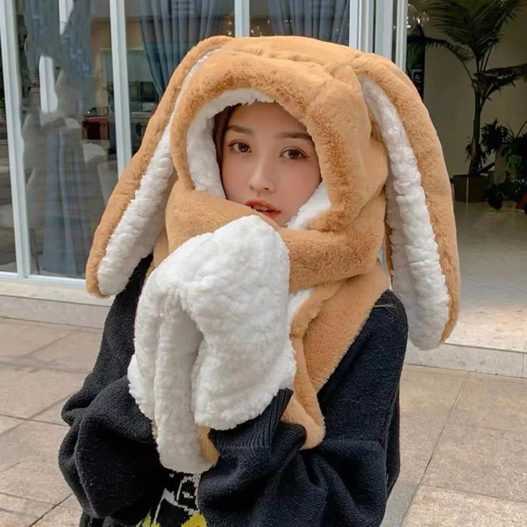 New Fashion Scarf Hat Glove Women Cute Big Ear Bunny Beanie Winter Warm Soft Thickening Pocket Warm Ear Hats Hooded Skullie Caps