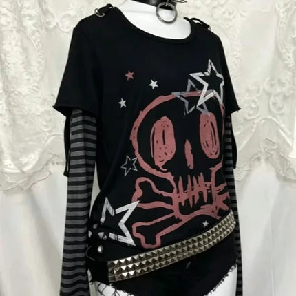 Japanese Gothic Vintage Punk Women Hoodie Striped Patchwork Cat Print Hollow Out Slim Long Sleeve Soft Pullovers 2025 Autumn New