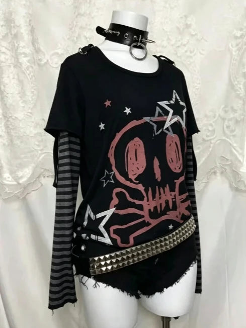 Japanese Gothic Vintage Punk Women Hoodie Striped Patchwork Cat Print Hollow Out Slim Long Sleeve Soft Pullovers 2025 Autumn New