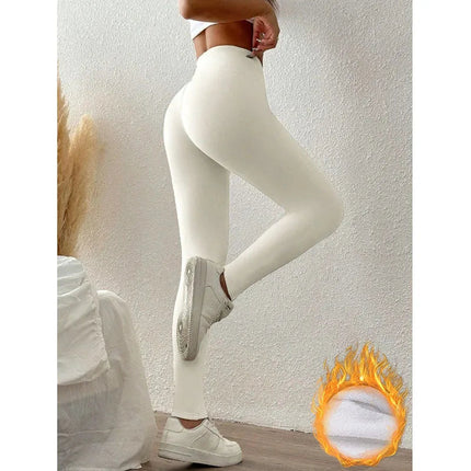 2025 Autumn Winter Wool Leggings Female Black White Simple Basic Fleece Thermal Legging High Waist Hip Lifting Slim Leggings PlatiNum