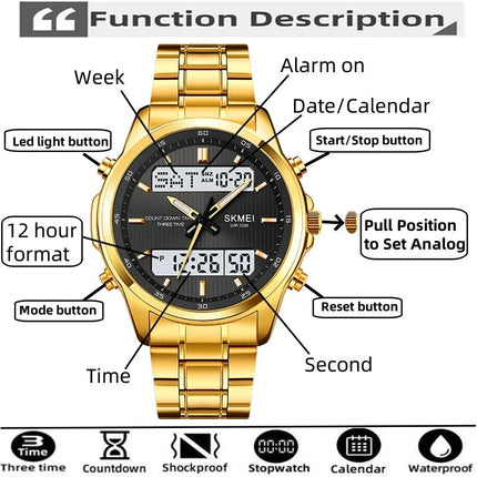 Skmei orologio da polso analogico al quarzo da uomo cinturino in acciaio inossidabile di lusso Led impermeabile digitale sportivo sveglia a tre fusi orari platinumshop