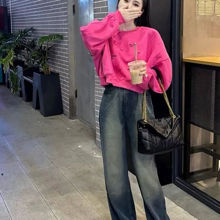Women Letter Print Sweatshirt Hot Pink Batwing Sleeve Cropped Hoodie Loose Pullover Cute Fall Winter Streetwear 2026 New