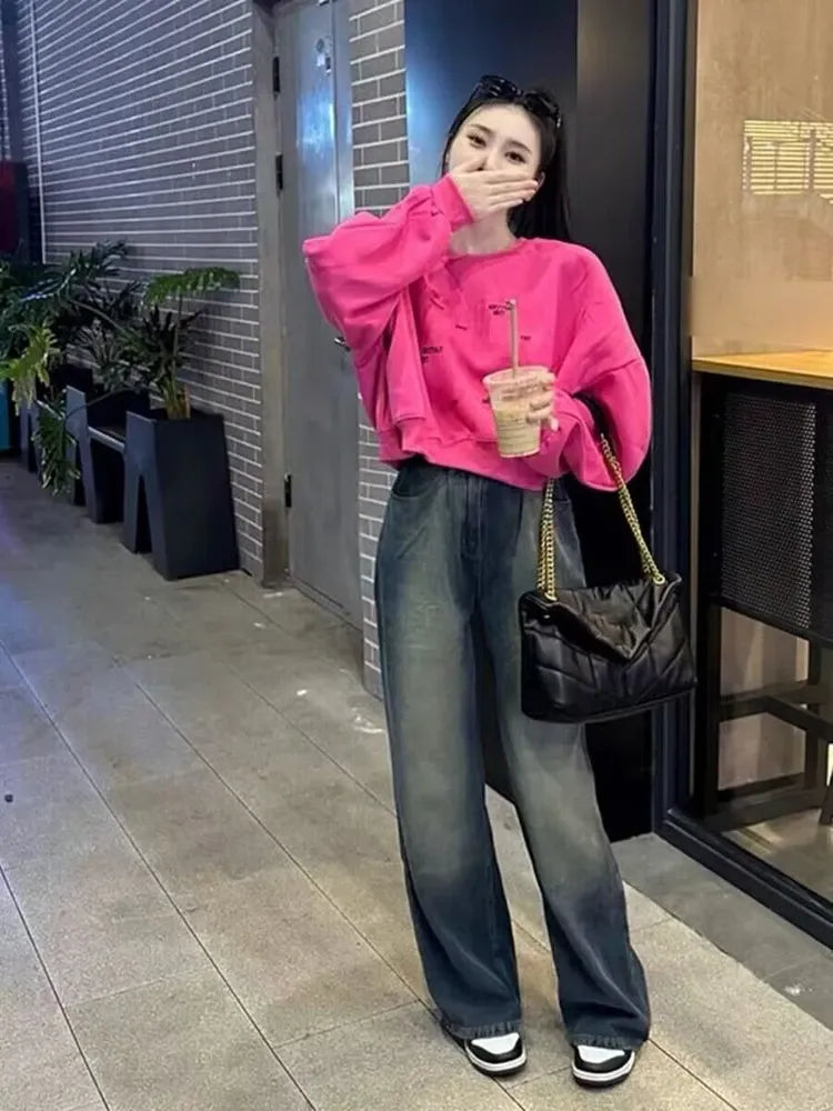 Women Letter Print Sweatshirt Hot Pink Batwing Sleeve Cropped Hoodie Loose Pullover Cute Fall Winter Streetwear 2026 New