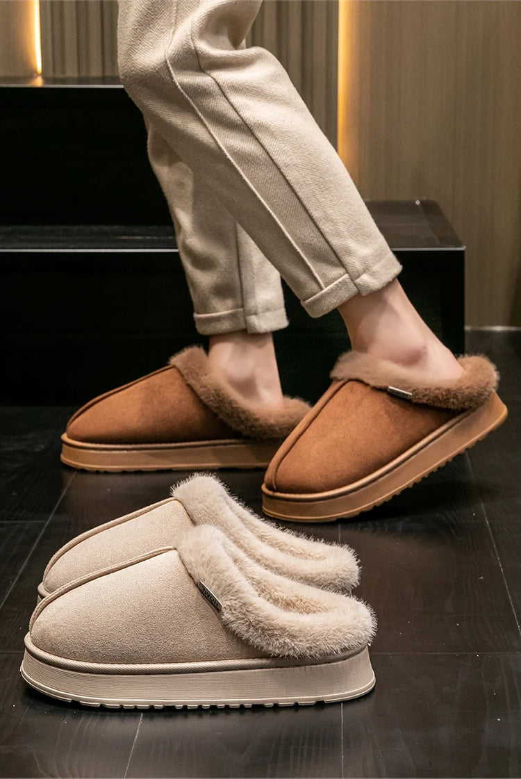 Men's Winter Plush Slippers, Thick Sole Closed-Toe, Warm Sherpa Lining, Non-Slip Indoor/Outdoor Home Shoes for Couples