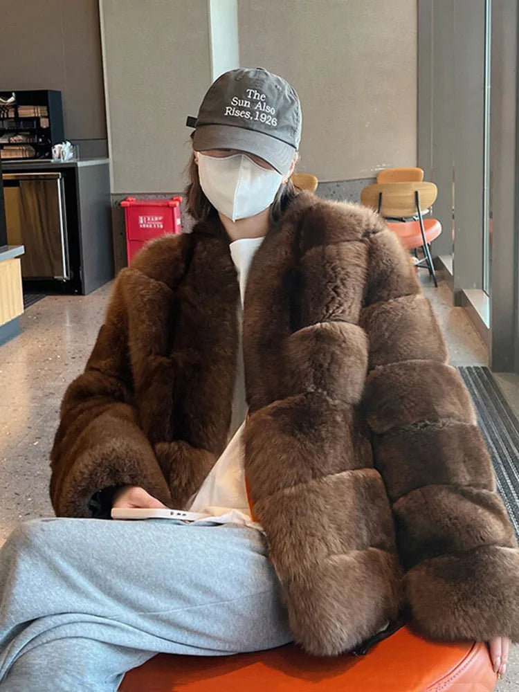 ZADORIN New Winter Faux Mink Coat Woman Elegant V Neck Long Sleeve Brown Faux Fur Coat Luxury Furry Jacket Woman Clothes Fur Top