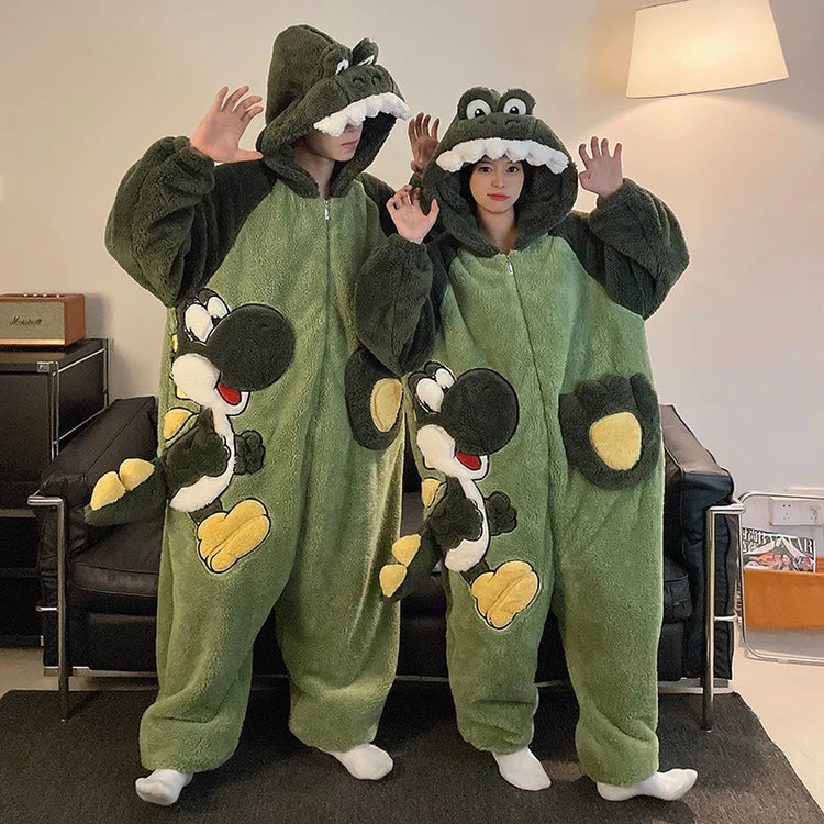 Winter Animal Onesies for Adults Homewear Flannel Sleepwear Couples Jumpsuit Winter Coral Velvet Pajamas Women Mens Loungewear