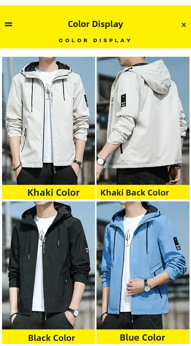 Casual Hooded Men's Jacket Youth Outerwear Spring Autumn New Style Korean Version Anti-Wrinkle Wear-Resistant Windproof Polye...