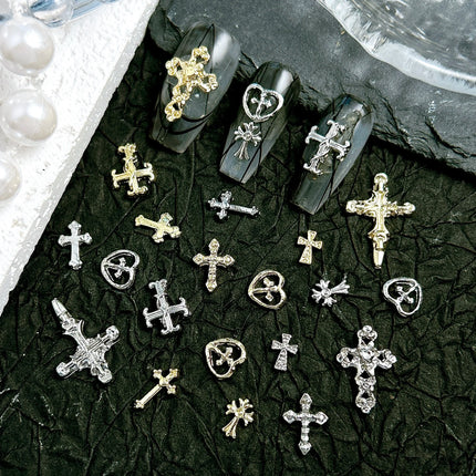 30PCS Multiple Style Shiny Alloy Cross Nail Art Charms 3D Retro Creative Heart Cross Nail Decorations for DIY Y2K Nails Designs