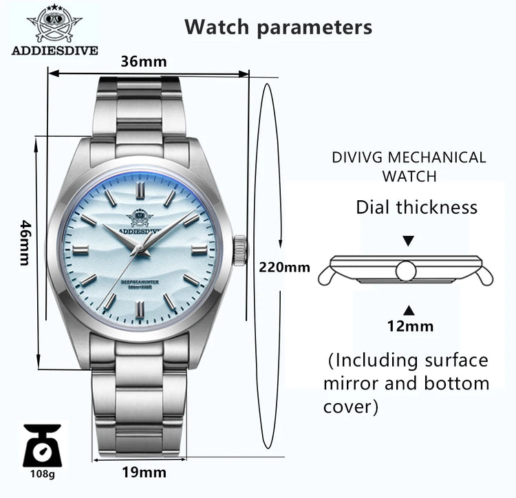 ADDIESDIVE 36mm Top Brand Men Watch Desert Dial Bubble Mirror Pot Cover Glass 10Bar Waterproof Outdoor Sports Quartz Wristwatch