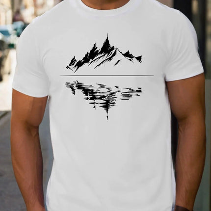 Men's summer 100 pure cotton fashionable casual loose fit plus mountain reflection printed round neck short sleeved T-shirt top PlatiNum