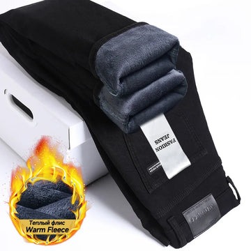 Winter Warm Fleece Black Men's Jeans Stretch Solid Color Denim Pants Work Business Classic Flocking Brushed Trouser Plus Size 40