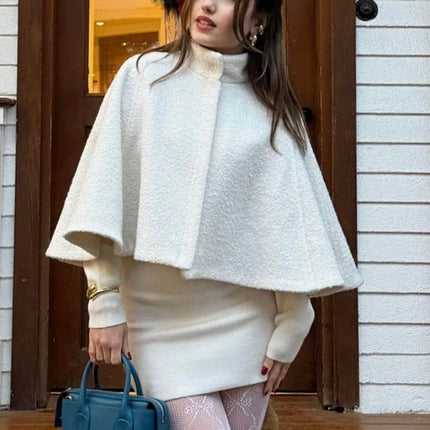 HH Women's 2025 New Solid Wool Blended Stand Collar Concealed Button Cape Jacket Female Fashion Versatile Temperament Jacket