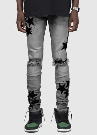 Vintage Star Print Stretch Punk Style Ripped Jeans Men's Streetwear Fashion Pocket Male Youth Daily Casual Denim Pencil Pants PlatiNum