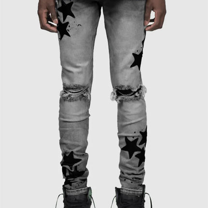 Vintage Star Print Stretch Punk Style Ripped Jeans Men's Streetwear Fashion Pocket Male Youth Daily Casual Denim Pencil Pants PlatiNum