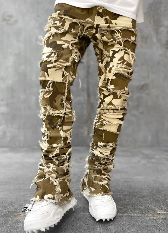 Men's Regular Fit Stacked Jeans Ripped Slim Fit Patch Distressed Destroyed Straight Denim Pants Hip Hop Streetwear Trouser Cloth PlatiNum