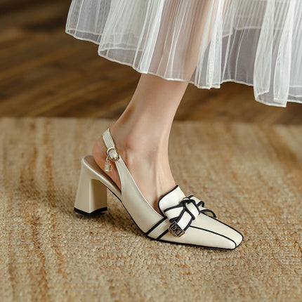 【JOCHEBED HU】2026 New Summer Retro Women's High Heels Thick Heel Square Toe Back Empty Shoes Trend 33-46