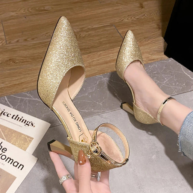 Bling Gold Silver Women Pumps 2023 Sexy Point Toe Thin Heel Party Wedding Shoes Womens Summer Ankle Strap 8cm High Heels Shoes PlatiNum