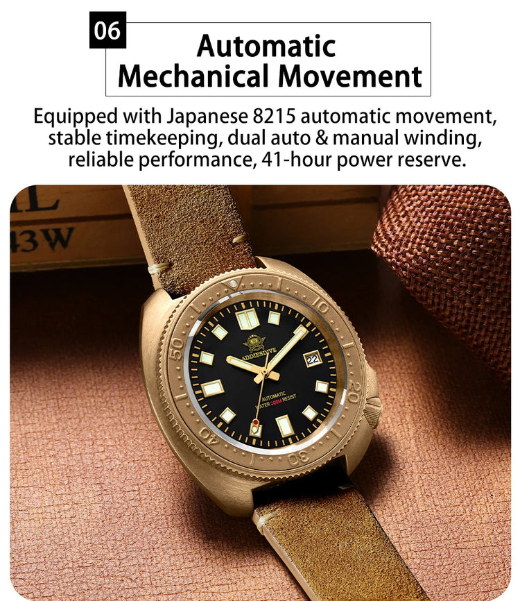 ADDIESDIVE Automatic Watch Men Luxury Bronze Watches Sapphire Super C3 Luminous 200m Waterproof Dive 8215 Mechanical Wristwatch