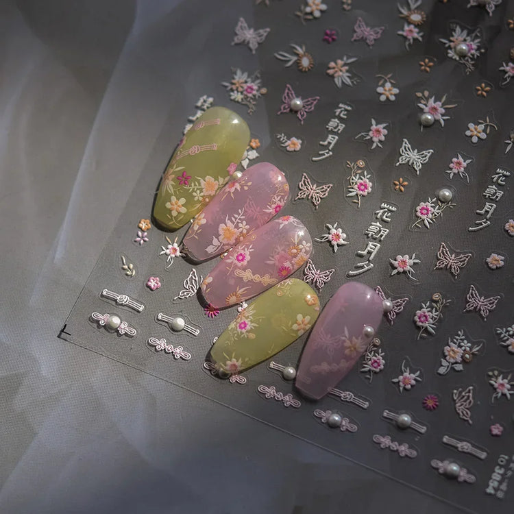5D Kawaii Lily Nail Art Stickers 1pcs Japanese Pink White Flower With Diamond Self Adhesive Nail Decorations Slider Decals DIY