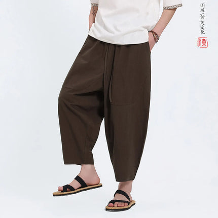 Pantaloni Harem in Cotone e Lino da Uomo, Casual, Traspiranti, Comodi, Estivi, Lunghezza al Polpaccio, Taglie Forti fino a 5XL