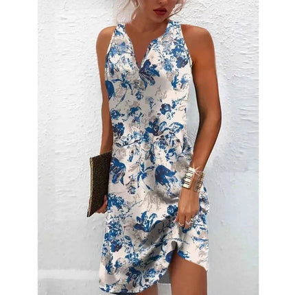 Abiti Estivi da Donna alla Moda, Vestiti Bohémien Senza Maniche, Abiti Casual con Scollo a V per Vacanze e Spiaggia platinumshop