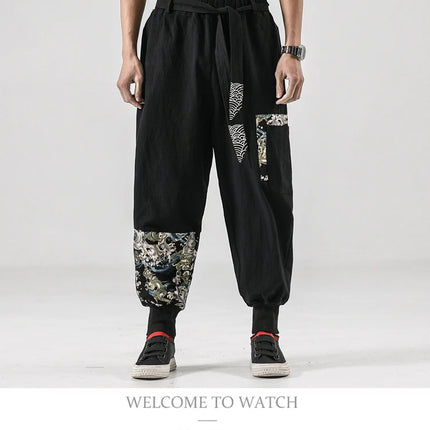 Pantaloni da uomo Costume da samurai giapponese Ukiyo-e Cintura con stampa Pantaloni stile harem da uomo in cotone e lino Pantaloni casual Harajuku da uomo Taglie forti 5XL