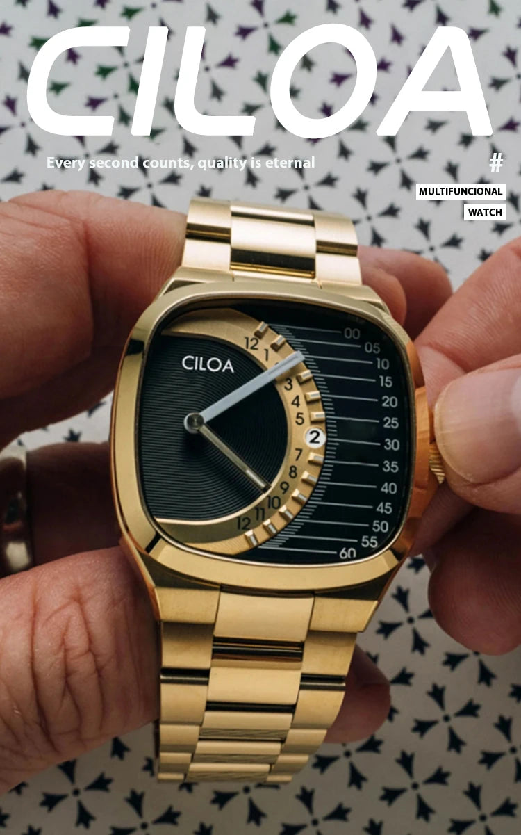 CILOA retro square watch men's light luxury gift 2025 new stainless steel strap gold waterproof men quartz watch brand authentic