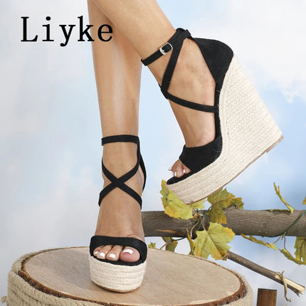Liyke Taglia 35-42 Sandali con zeppa con plateau Moda sexy Fondo spesso Open Toe Cinturino con fibbia Nero Tacchi alti Scarpe da donna Estate 2026