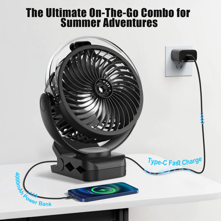 Ventilatore Portatile con Clip e Nebulizzatore da 4000mA 306 °   Ventilatore a spruzzo con impugnatura, supporto a polpo, mini umidificatore ricaricabile, 3 velocità, display digitale, ventilatore da tavolo regolabile