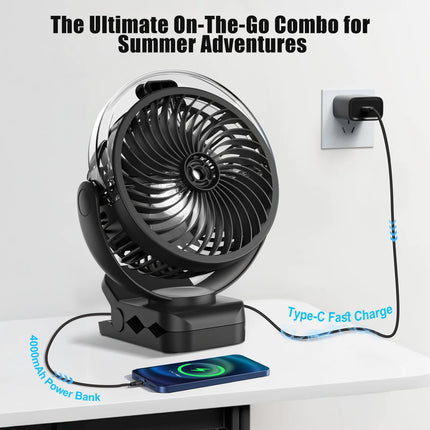 Ventilatore Portatile con Clip e Nebulizzatore da 4000mA 306 °   Ventilatore a spruzzo con impugnatura, supporto a polpo, mini umidificatore ricaricabile, 3 velocità, display digitale, ventilatore da tavolo regolabile
