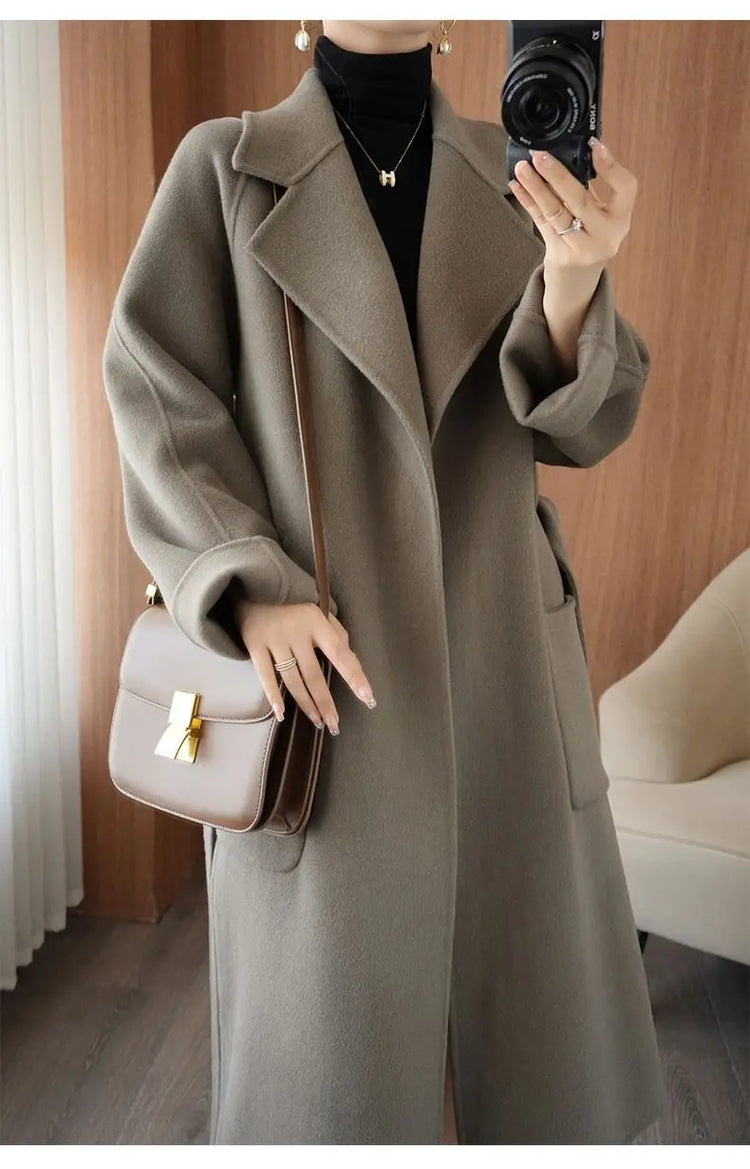 100% Wool Coat Women's Wear 2026 Autumn/Winter Fashion Temperament Double sided Cashmere Coats with Belt Elegant Long Overcoat