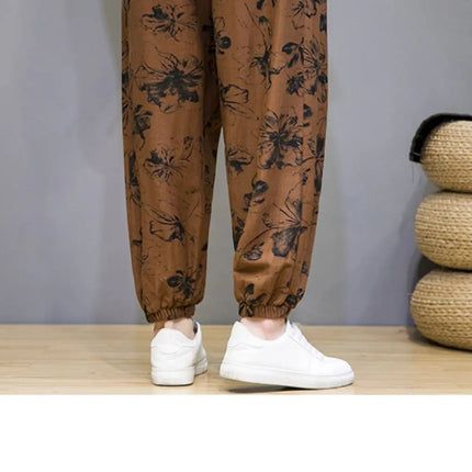 Pantaloni Primavera-Estate da Uomo in Stile Cinese, Sottili e Traspiranti in Cotone e Lino, con Vita Elastica, Pantaloni Harem Stampati Casual e Comodi
