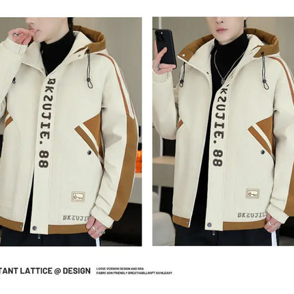 Fashion Autumn Winter Men's Hooded Fleece Jackets Youth High Streetwear Casual Plush Liner Coats Windproof Padded Tops Clothing
